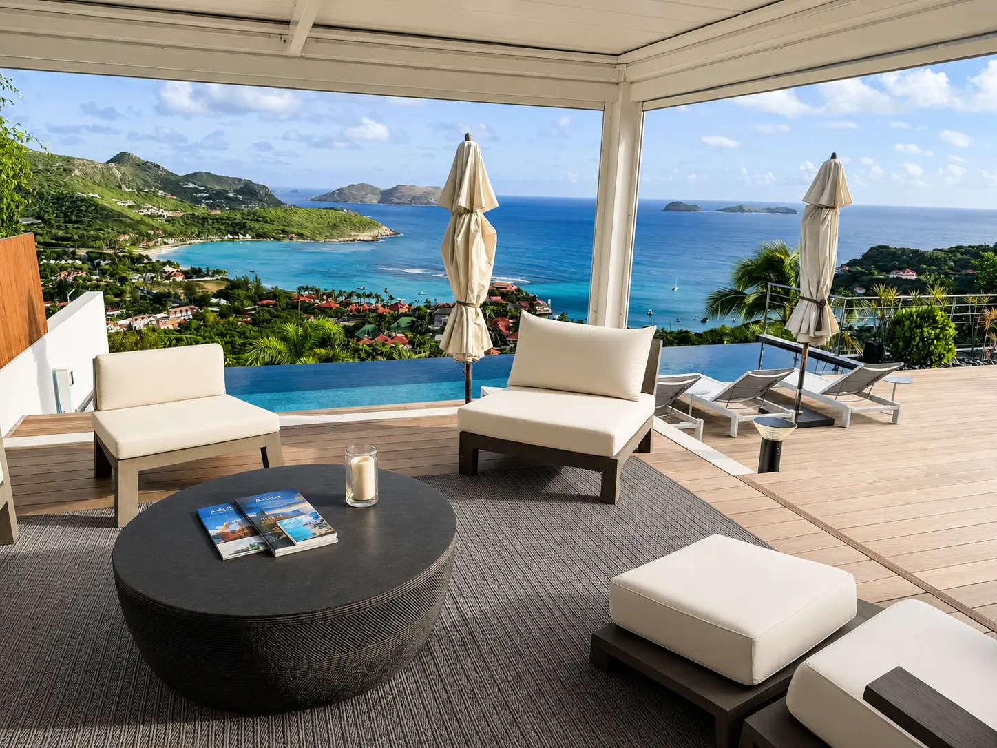 Pergola lounge chairs facing the open Caribbean sea