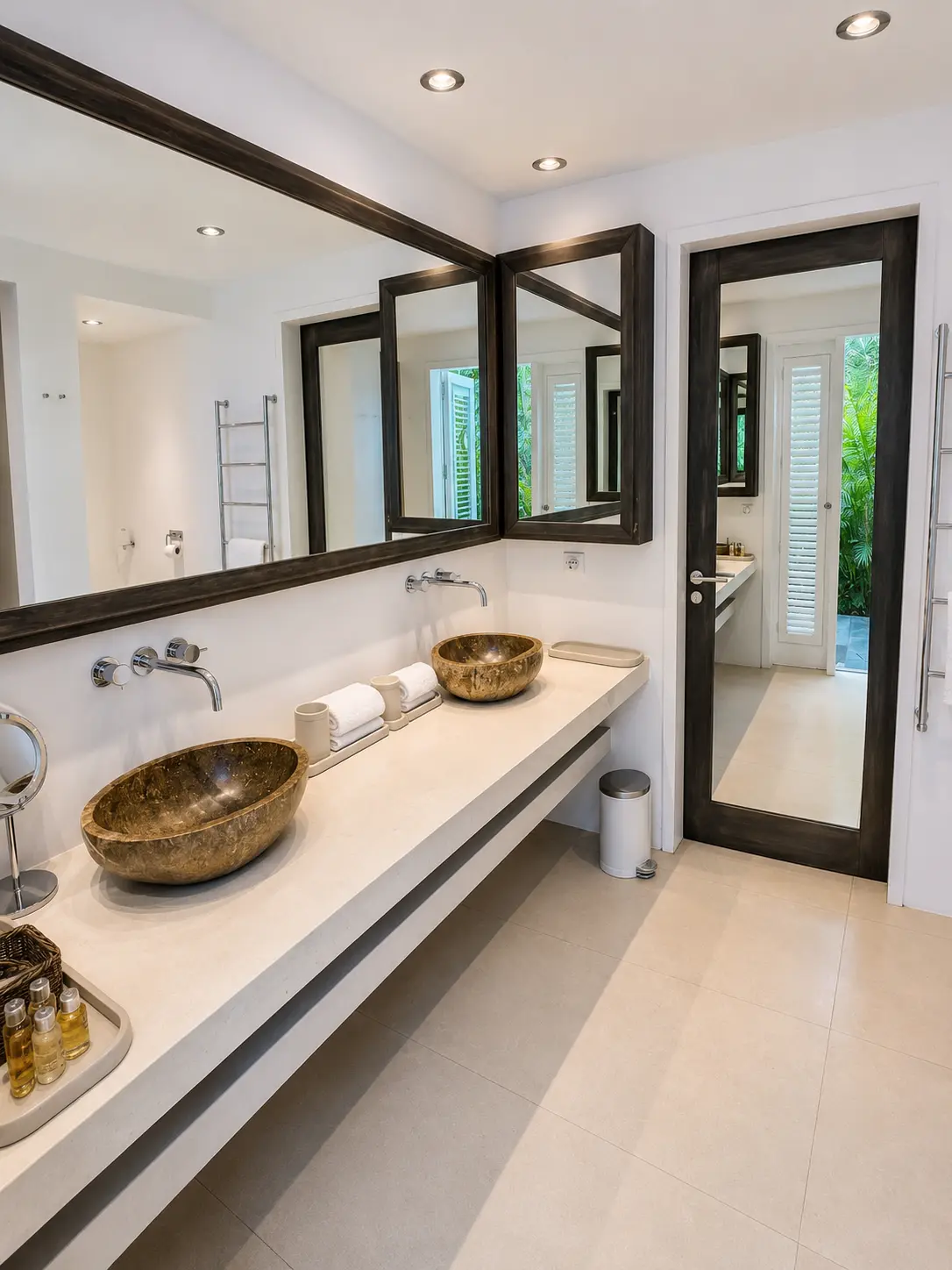 Long bathroom vanity with twin stone basins and framed mirrors