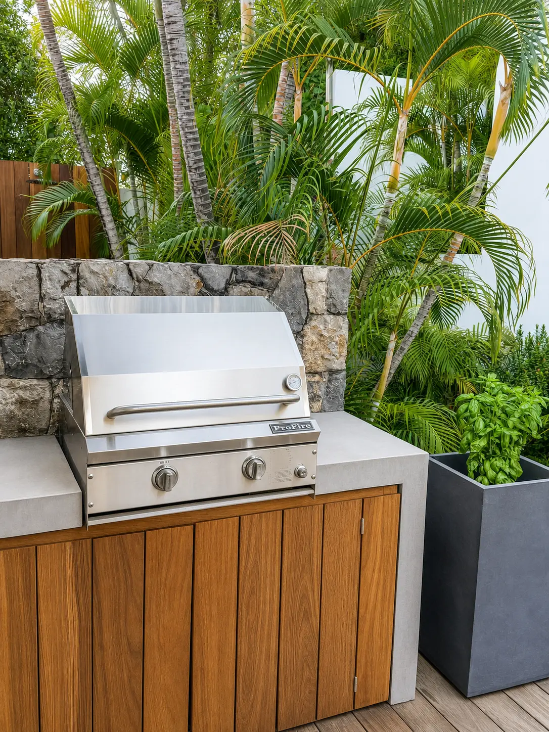 Built-in outdoor barbecue with a stone surround and herb planter