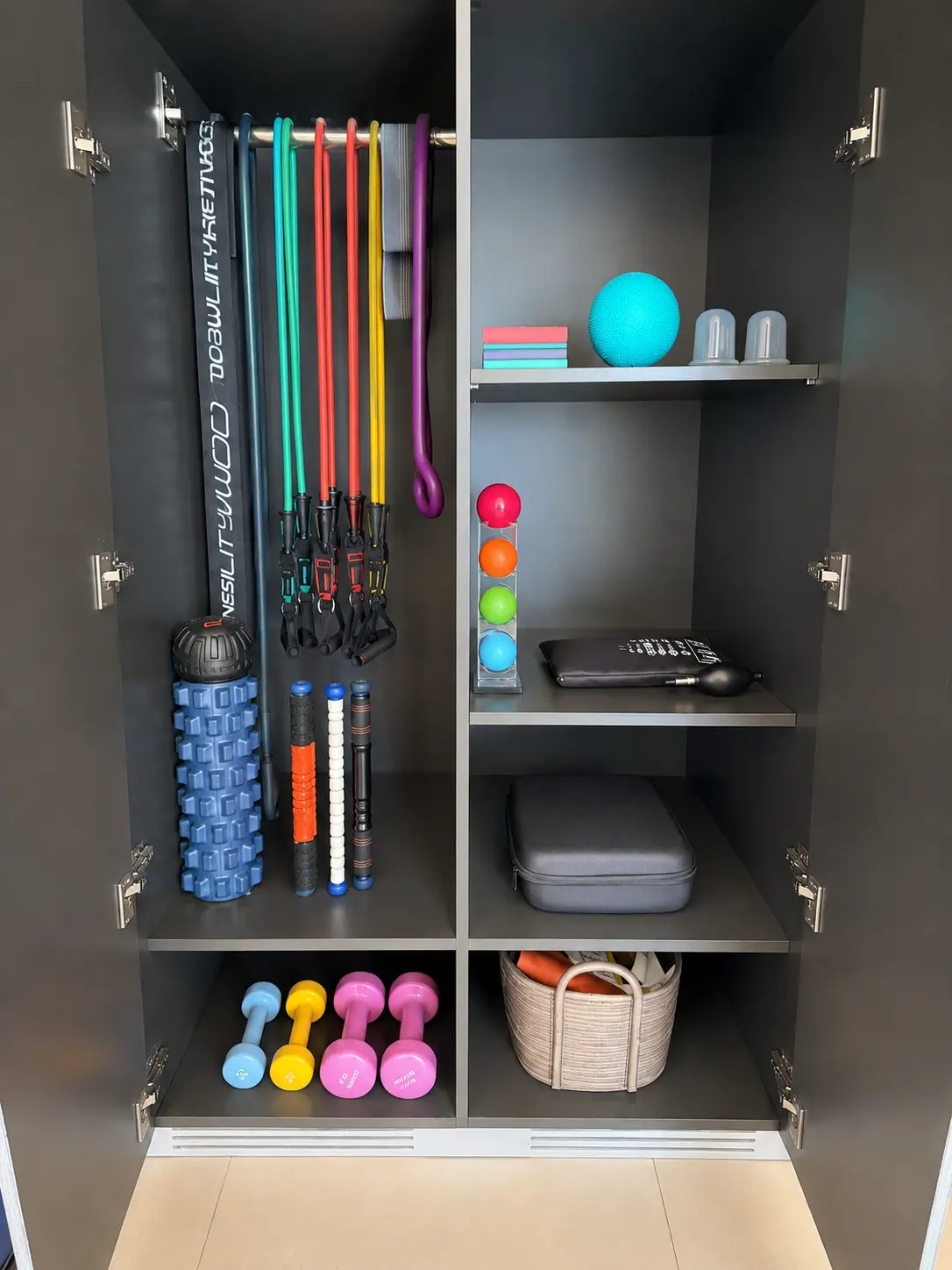 Cabinet of resistance bands, weights and recovery tools
