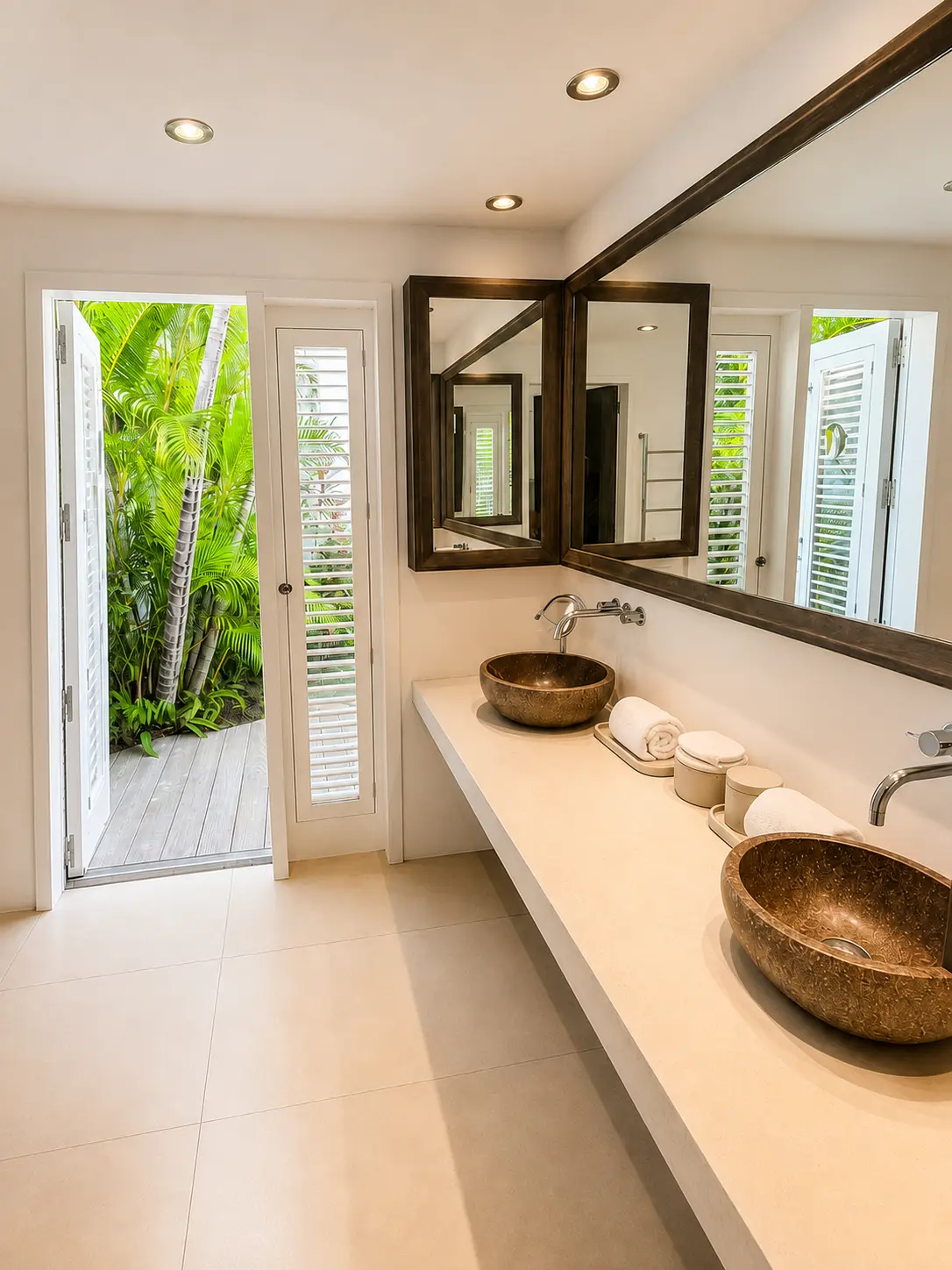 En-suite bathroom with twin stone basins and a door to a planted outdoor patio