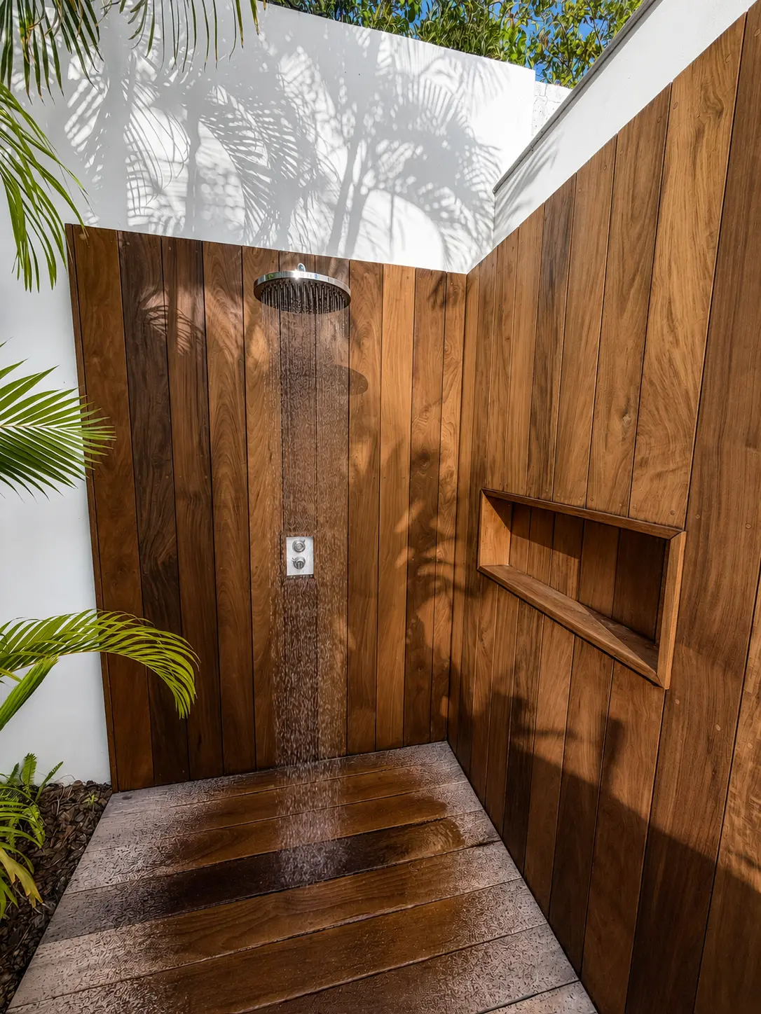 Teak-clad outdoor shower running beneath the palms