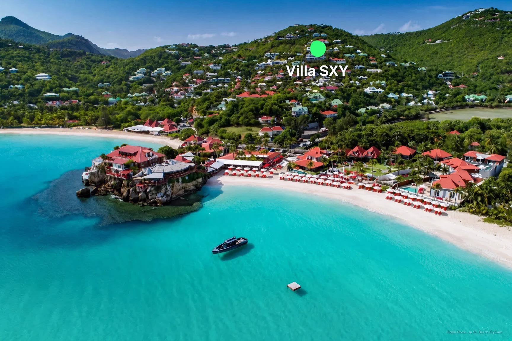 Aerial view of St. Jean Bay, Eden Rock, and the turquoise Caribbean water